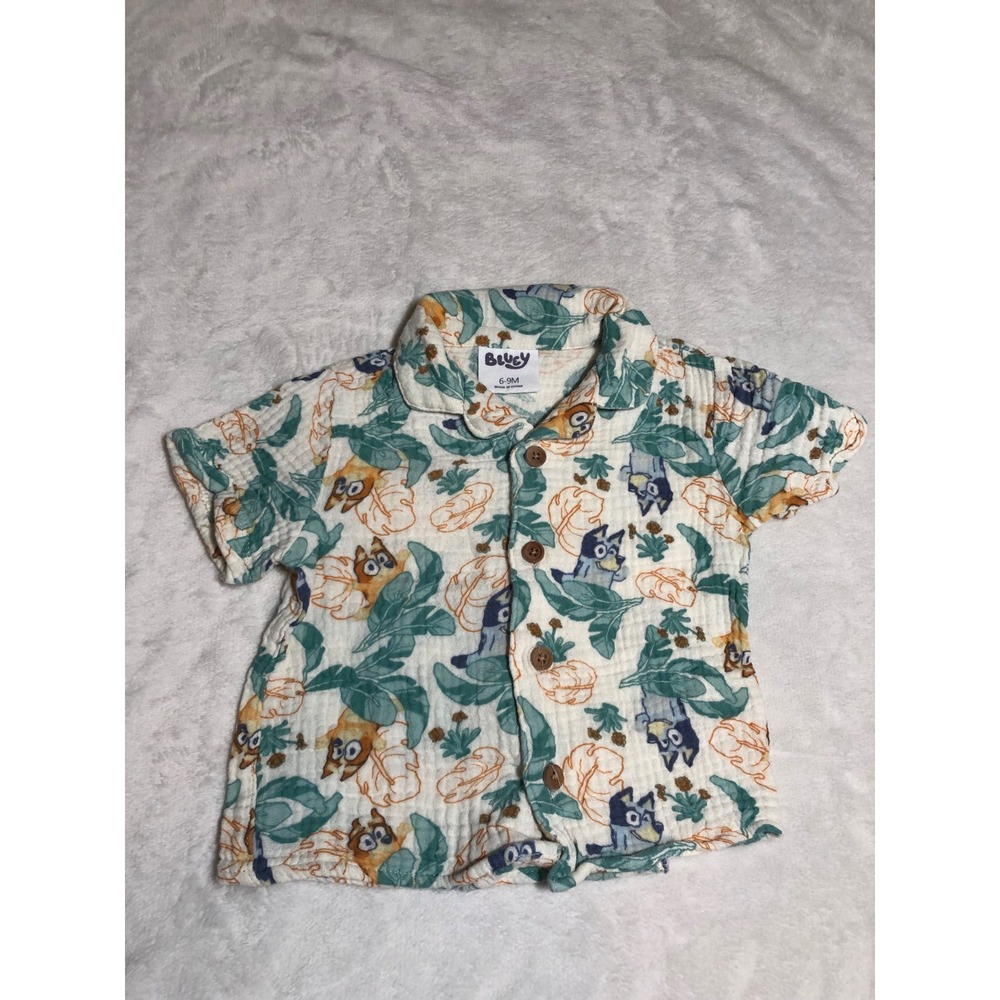 5/$25 Bluey Button Down Shirt 6-9M Tropical Bingo Gauze Cotton Short Sleeve